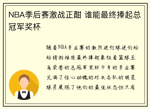 NBA季后赛激战正酣 谁能最终捧起总冠军奖杯 NBA季后赛激战正酣 谁能最终捧起总冠军奖杯