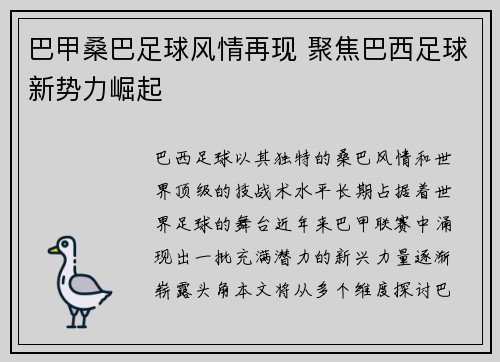 巴甲桑巴足球风情再现 聚焦巴西足球新势力崛起 巴甲桑巴足球风情再现 聚焦巴西足球新势力崛起