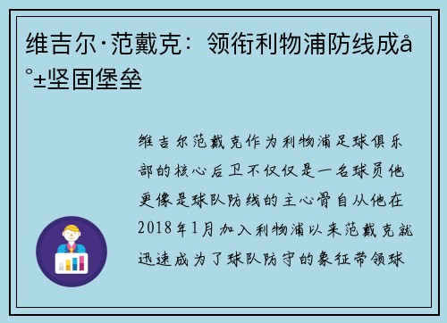 维吉尔·范戴克:领衔利物浦防线成就坚固堡垒 维吉尔·范戴克:领衔利物浦防线成就坚固堡垒