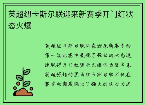 英超纽卡斯尔联迎来新赛季开门红状态火爆 英超纽卡斯尔联迎来新赛季开门红状态火爆